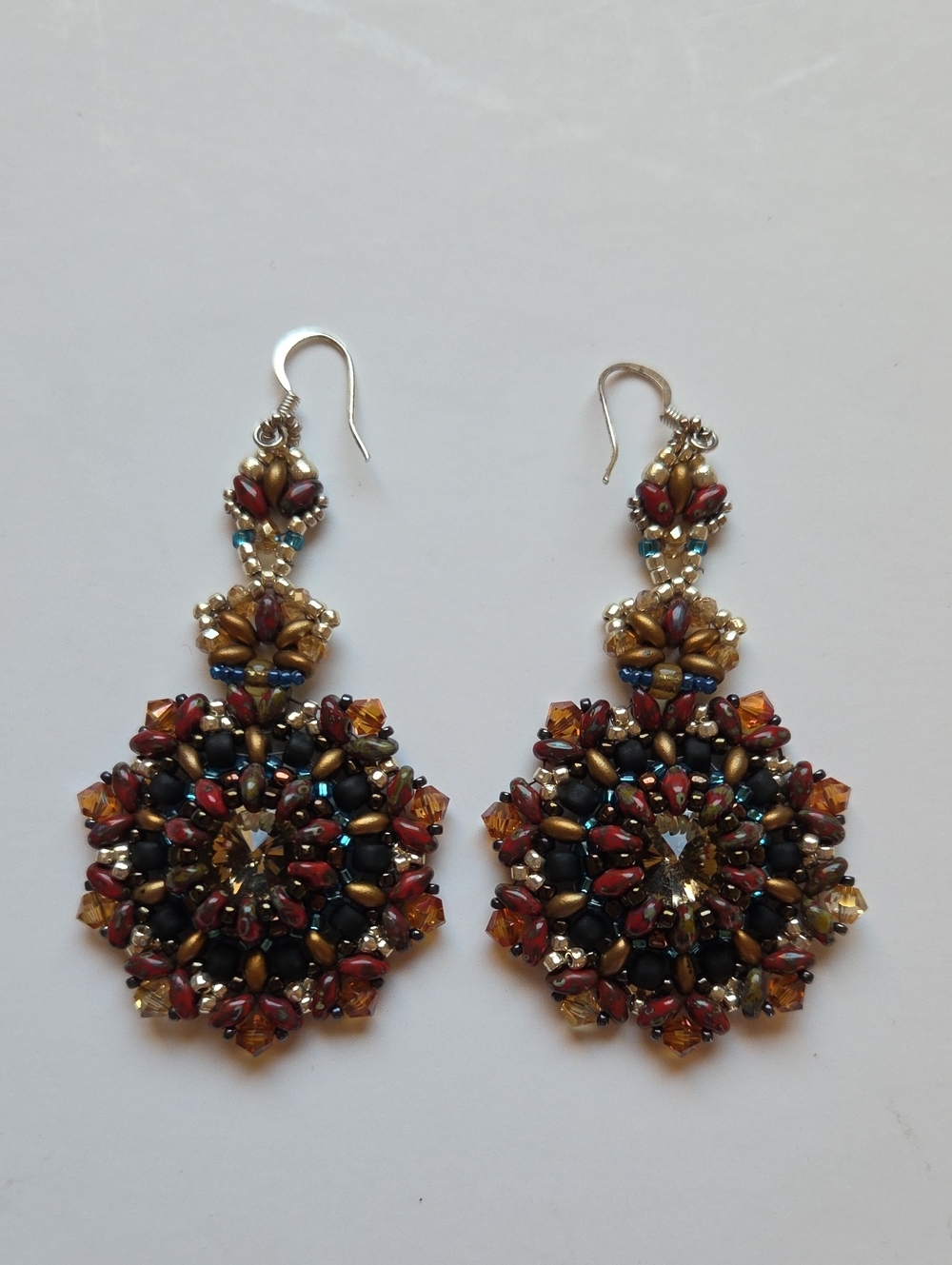 Handcrafted Red, Black, Bronze and Gold Beaded Drop Earrings, Length 3"
